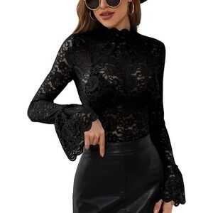 Black Lace Mock Neck Long Sleeve Bell Cuff Top Blouse - Size M